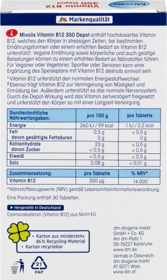 Mivolis Vitamin B12 350 Міволіс Вітамін B12 350 Depot, 30 міні-таблеток | Зображення 1