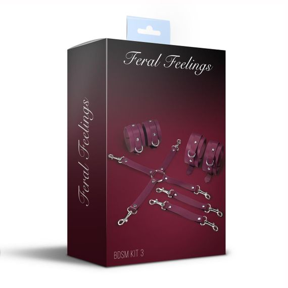 Набір для БДСМ 3 в 1 Feral Feelings BDSM Kit 3 Burgundy, burgundy, наручники, поножі, хрестовина sexstyle | Зображення 1