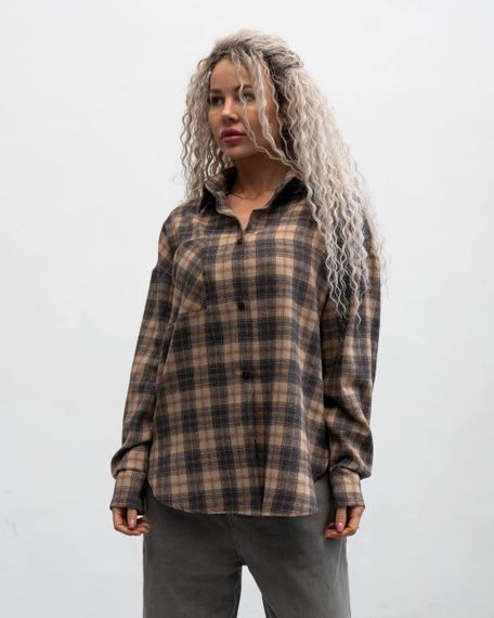 Женская фланелевая рубашка в клетку на пуговицах свободная, MN0003  цвет коричневый, размер 2XL/3XL