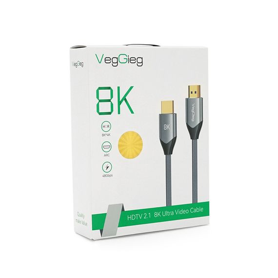 Кабель VEGGIEG V-H401 HDMI-HDMI 8K Premium, 1.0m, круглий, обплетення, Silver, конектор Black-Silver, Box | Зображення 1