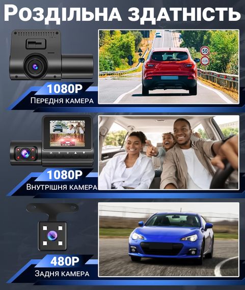 Автомобільний відеореєстратор з трьома камерами Podofo W8109, з дисплеєм, на лобове скло, FullHD 1080P | Зображення 5