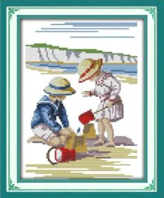 Набір для вишивання за нанесеною на канву схемою "Play in the seaside". AIDA 14CT printed, 21*28 см