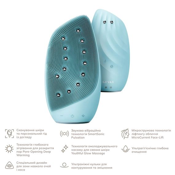 Очищувальна щітка для обличчя GESKE Sonic Thermo Facial Brush&Face-Lifter 8в1 white, Бірюзовий | Зображення 1