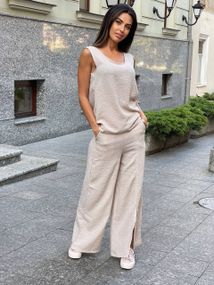 Женский летний брючный костюм с топом лен-жатка DK213 цвет бежевый, размер 42/44