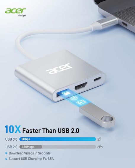 Acer USB-C Hub — 4K HDMI адаптер із PD 100 Вт і портом USB-A 3.0, багатопортовий цифровий перехідник | Зображення 2