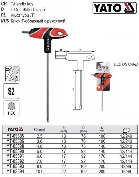 Ключ 6 гранний куля HEX М 10 мм l=200 мм YT-05594