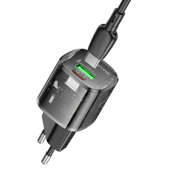 СЗУ Borofone BN17 Sunlight PD20W+QC3.0 (1USB-A/1C) + кабель Type-C to Type-C Transparent black | Зображення 1