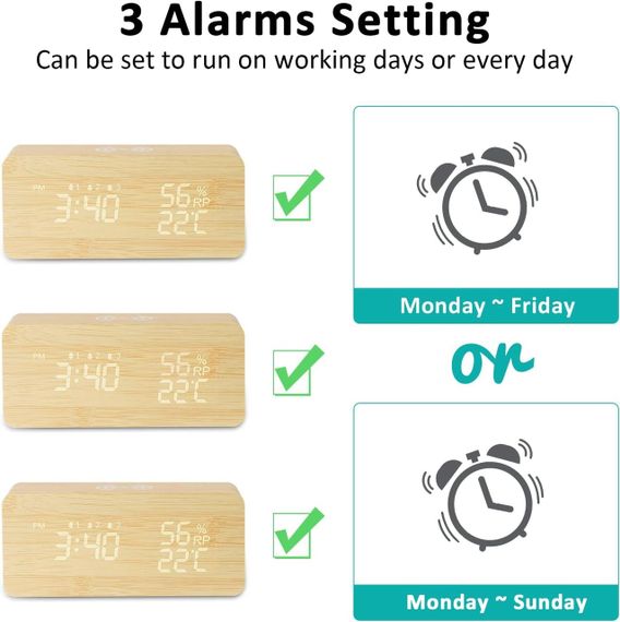 Цифровий будильник LAOPAO з бездротовою зарядкою 5W, LED-дисплеєм, 3 будильниками, датчиками температури та вологості | Зображення 2