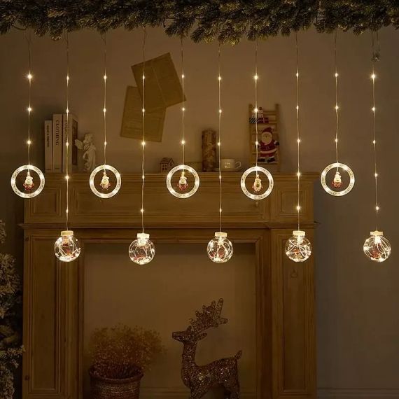 Гірлянда штора 3м з теплим жовтим світінням "Круги та кулі" ялинка, сніговик, дід мороз, олень, шапка SF-50