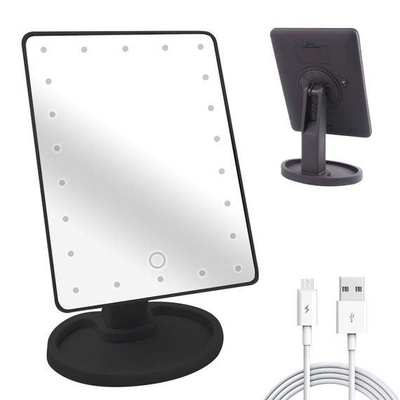 Дзеркало для макіяжу з підсвіткою (22x17 см), на батарейках та від USB, NJ-230, Чорне / Сенсорне настільне дзеркало