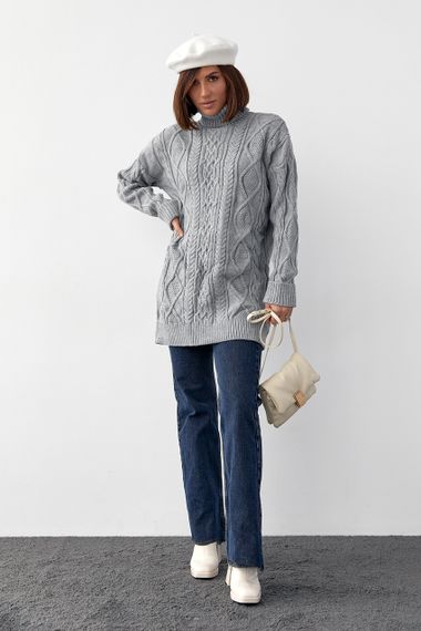 Женская вязаная туника с высоким воротником и косичками - серый цвет, S (есть размеры) | Зображення 2