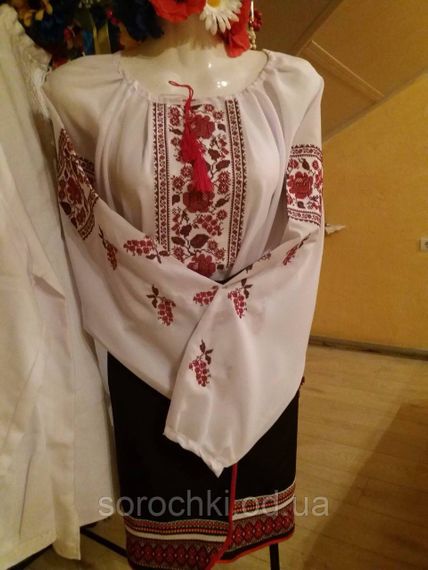 Вишиванка біла , жіноча , вишиванка, квіти , "маки з виноградом" колір вишивки-червоний Матеріал-шифон | Зображення 2