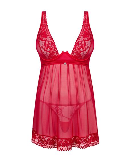 Прозора сорочка бебі-дол Obsessive Lacelove babydoll & thong XL/2XL Red, мереживо, стрінги | Зображення 2