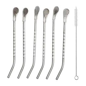 Набор многоразовых ложек-трубочек 6 шт для напитков 19.5 см с щеткой для мытья из нержавеющей стали Серый HP-20-54
