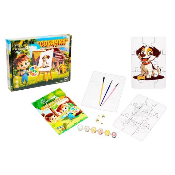 Деревянный пазл-раскраска А5 "Собачка" Puz-22940 кисточка, краски, клейкая пленка | Зображення 1