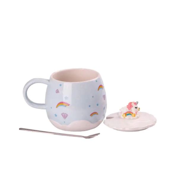 Чашка порцелянова Rainbow Ceramic Mug 400ml з кришкою і ложкою Блакитний HPCY8278BL | Зображення 1