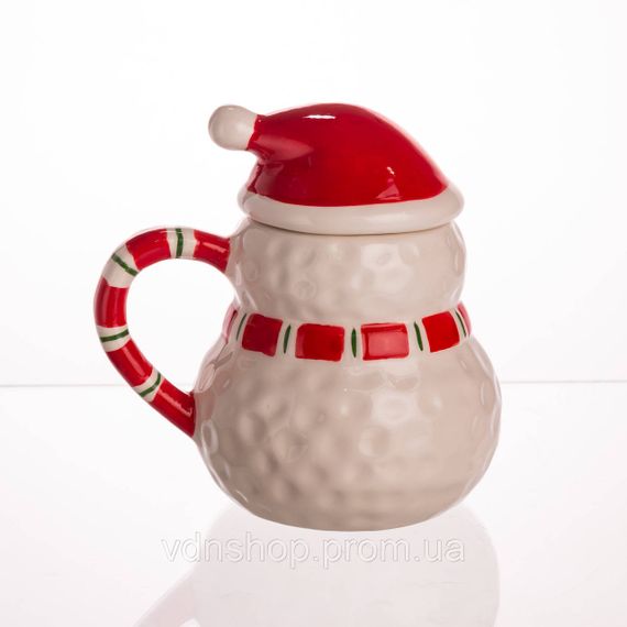 Новорічна порцелянова чашка з кришкою для чаю та кави 400 (мл) Сніговик дитяча чашка на подарунок на новий рік CR-1-34 | Зображення 1