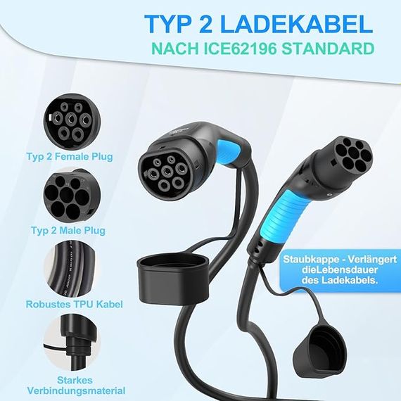 Зарядний кабель EVDANCE Type2 для автомобіля 11 кВт, 16 А, 6 м, 3-фазний заряд електромобіля IP65 | Зображення 2