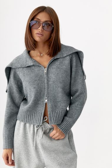 В'язаний укорочений жіночий кардиган на блискавці - сірий цвет, ONE SIZE (є розміри) | Зображення 4