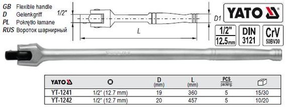 Вороток шарнирный квадрат 1/2" L-457 мм YATO YT-1242