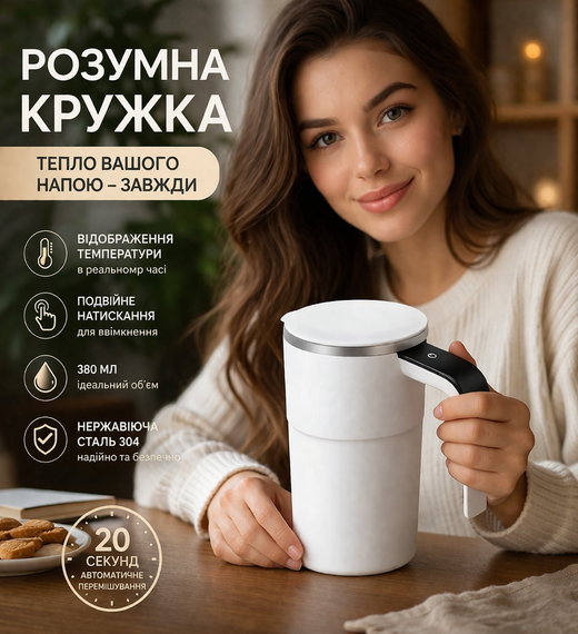 Кружка-мешалка аккумуляторная с магнитным венчиком, сенсорным дисплеем и индикатором температуры 380 мл Белая