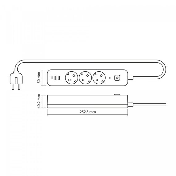 Мережевий подовжувач 3 м 3 гнізда з 2USB + USB-C заземленням і кнопкою VIDEX VF-PD33G2U1C-B | Зображення 9