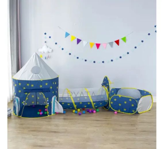 Дитячий ігровий будиночок-намет "Замок" 3в1 з тунелем та басейном під кульки синя | Зображення 4