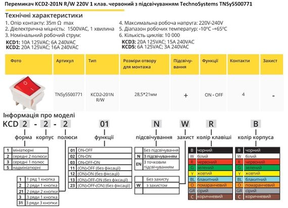Перемикач KCD2-201N R/W 220V 1 червона клавіша з підсвічуванням Ny95500771 | Зображення 1
