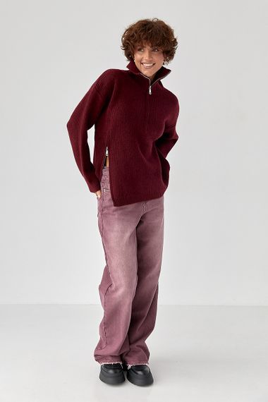 В'язана жіноча кофта з блискавками - бордо цвет, ONE SIZE (є розміри) | Зображення 2