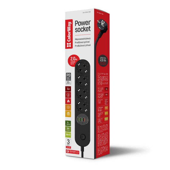 Мережевий фільтр живлення ColorWay CW-CHE44PDB, 4 розетки/4USB 2M (CW-CHE44PDB) | Зображення 4