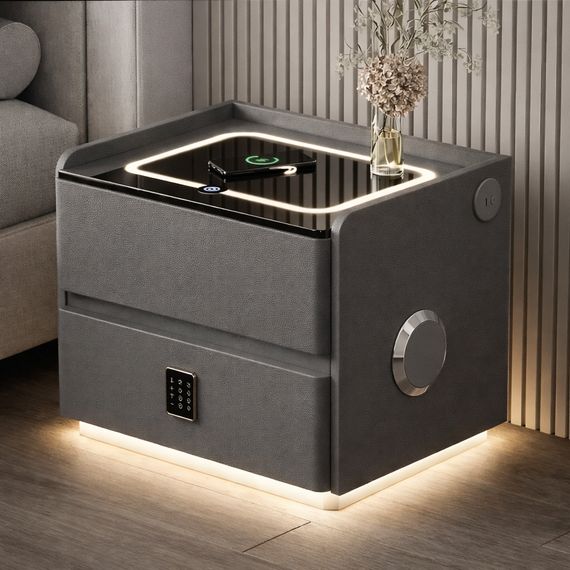 Смарт-тумба горющая YJXF01 Grey с сейфом, LED-подсветкой и USB портами (Серая экокожа / Закаленное стекло) | Зображення 1