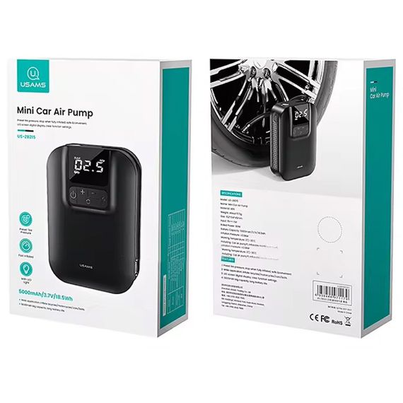 Портативный насос Usams US-ZB215 Mini Car Air Pump Black | Зображення 5