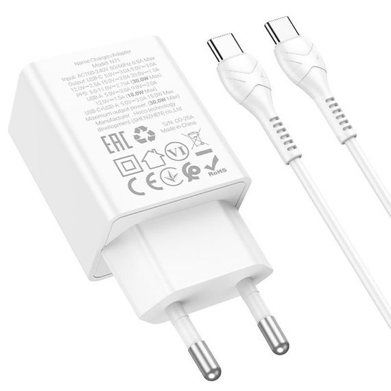МЗП Hoco N71 Nuevo PD30W+QC3.0 (1USB-A/1C) + кабель Type-C to Type-C White | Зображення 2