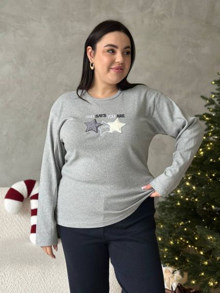 Зручна сіра піжамка PLUS SIZE із зірочками та чорними штанами з мікрофлісу