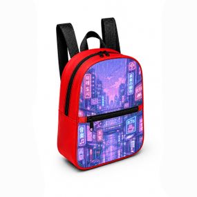 Детский мини-рюкзак красный с принтом Неоновый город для девочки 28×24×10 см мини-сумка детская (5356)