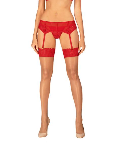 Панчохи Obsessive Ingridia stockings XL/2XL, бежеві з червоною резинкою Sex Aura