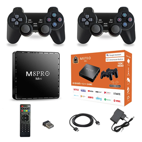 Игровая андроид ТВ приставка с Android TV + 2 джойстика M8PRO Mini ретро консоль PS1, Dendy, Sega