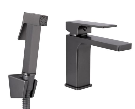 Змішувач для умивальника Qtap Gemini (з гігієнічним душем) Gunmetal Black PVD QTGEM272GMB45692
