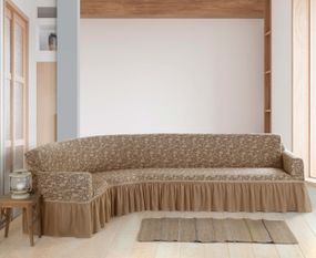 Жакардовий чохол на кутовому диван Roza з спідницею Пісковий