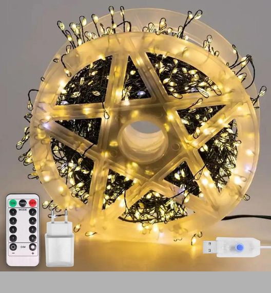 Гірлянда Роса мішура на зеленому дроті 20 метрів 600 LED на пульті Тепло Біла (47722-711_402)