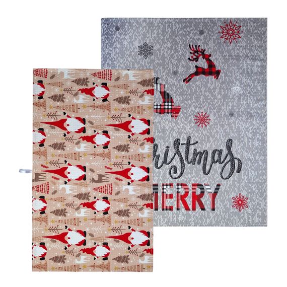 Набор кухонных полотенец 2 шт SoundSleep Merry Christmas вафельных 30х50 см и 45х60 см бежевый с серым (2800004713702)