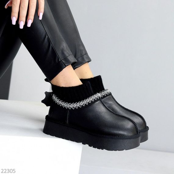 Черные низкие угги с текстильным манжетом натуральная кожа флотар | Зображення 4