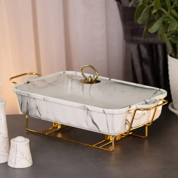 Мармитница настольная фарфоровая 1.5 литра мармит прямоугольный 35х19х11.5 см для вторых блюд Мрамор белый HP1029 | Зображення 1