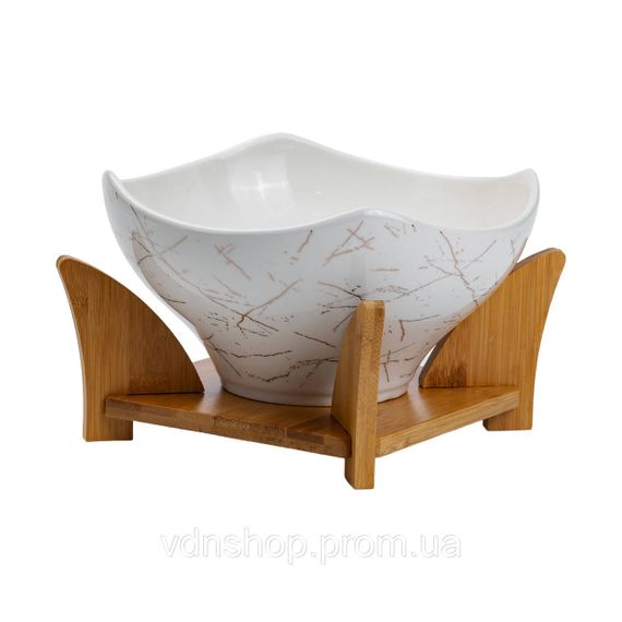 Салатница га бамбуковой пподставке  с вилкой и ложкой 22*22*14 см Белый HP1228 | Зображення 3