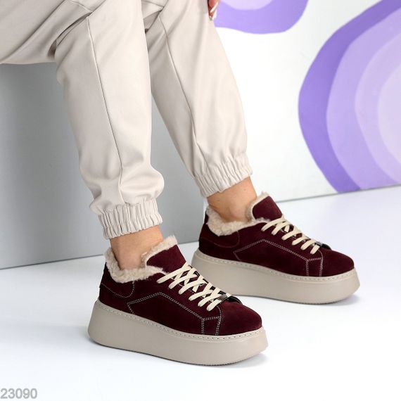 Бордовые зимние прошитые кроссовки натуральная замша на бежевой платформе | Зображення 2