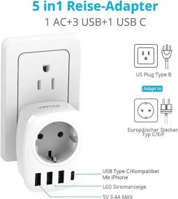 Дорожній адаптер із 4 портами VINTAR, 3 порти USB і 1 порт USB-C