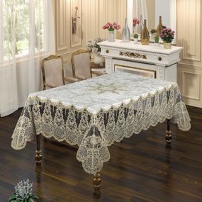 Велюровая скатерть с кружевом Haspen 160×350 cм Zelal, кремовая