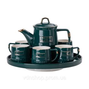 Чайный набор на 6 персон с заварочным чайником и фарфоровой подставкой Зеленый HP-15-6