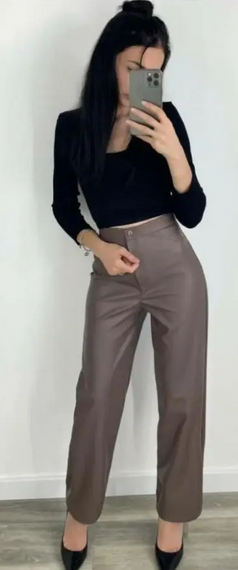 Женские прямые кожаные брюки свободного кроя GF01692 цвет мокко, размер 44 | Зображення 1