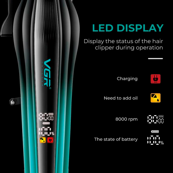 Аккумуляторная машинка для стрижки VGR V-273 GREEN, 6 насадок, 8000 RPM, 3000 mAh, LED дисплей | Зображення 3